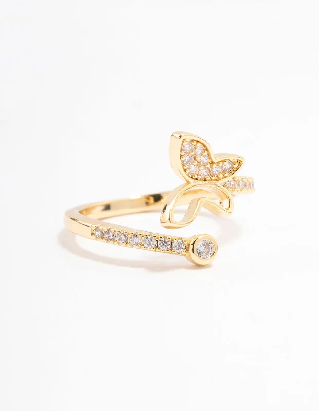 Engraved Wedding Rings-Gold Plated Butterfly Cubic Zirconia Wrapped Ring