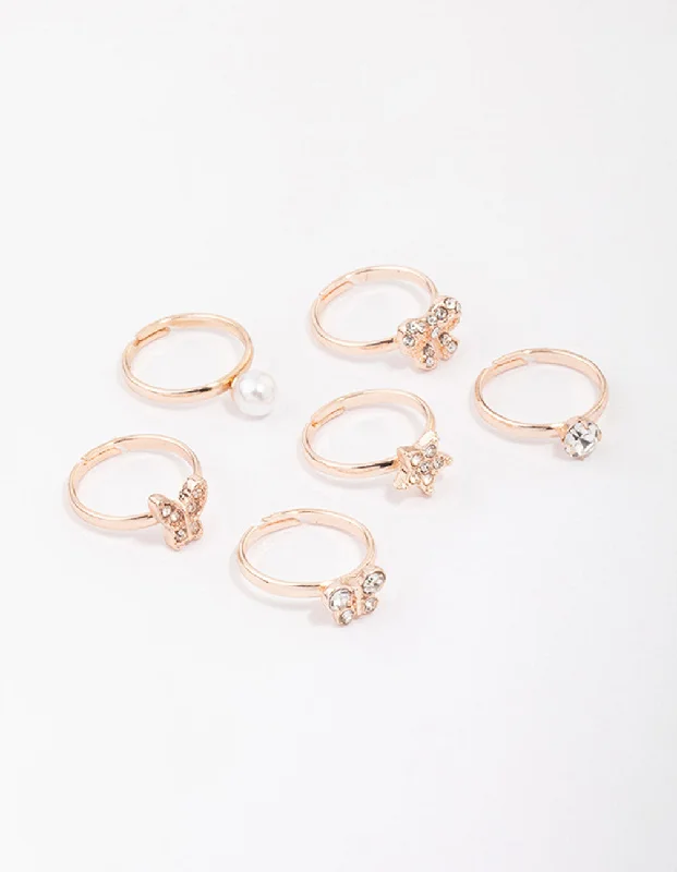 Elegant Wedding Rings-Kids Rose Gold Diamante Butterfly Earring 6-Pack