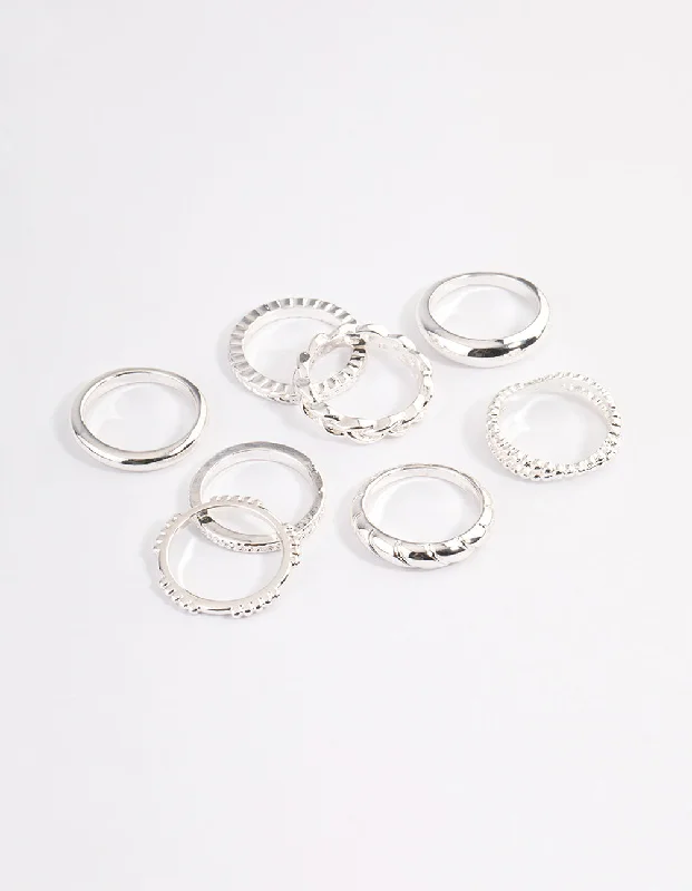 Luxury Ruby Rings-Silver Plain & Molten Twisted Ring 8-Pack