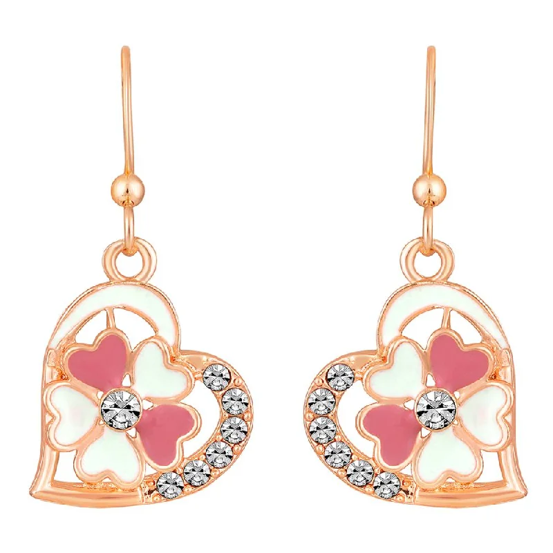 Bright Silver Earrings-Mahi Rose Gold Plated Pink and Green Meenakari Work and Crystals Floral Heart Earrings for Women (ER1109855Gre)