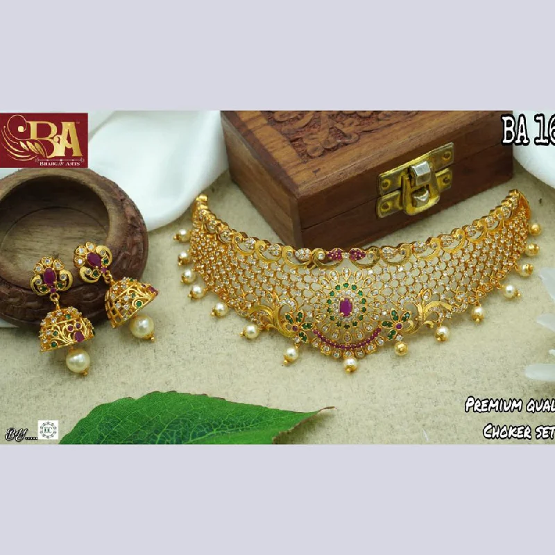 Luxury Diamond Necklaces-Bhargav Arts Gold Plated AD Stone Necklace Set