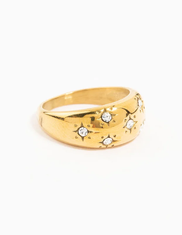 Custom Rings with Birthstones-Waterproof Gold Plated Stainless Steel Diamante Scatter Band Ring