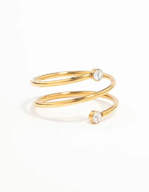 Dainty Engagement Rings-Waterproof Gold Plated Stainless Steel Diamante Coil Ring