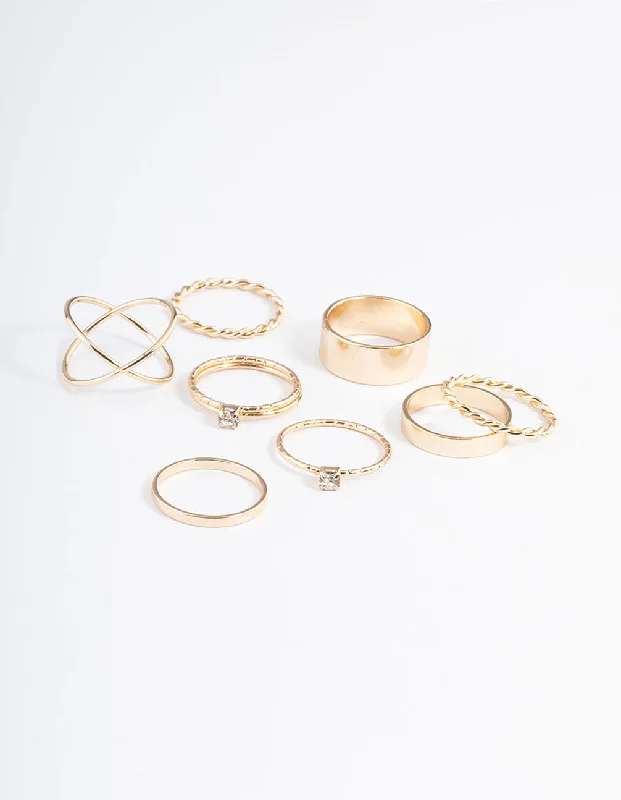 Solitaire Engagement Rings-Gold Thick & Diamante Stack Ring 8-Pack