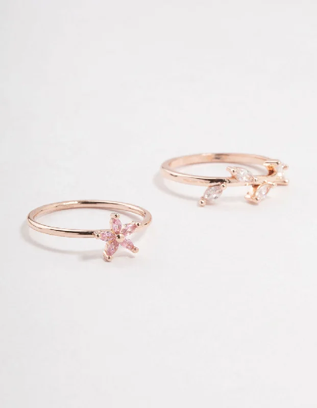 Silver Engagement Rings-Rose Gold Flower Vine Cubic Zirconia Rings 2-Pack