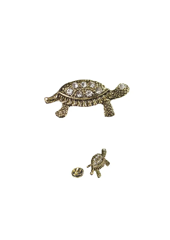 Fashionable Floral Brooch for Weddings-Hot Tomato Baby Turtle Brooch in Antique Gold and Clear Crystals