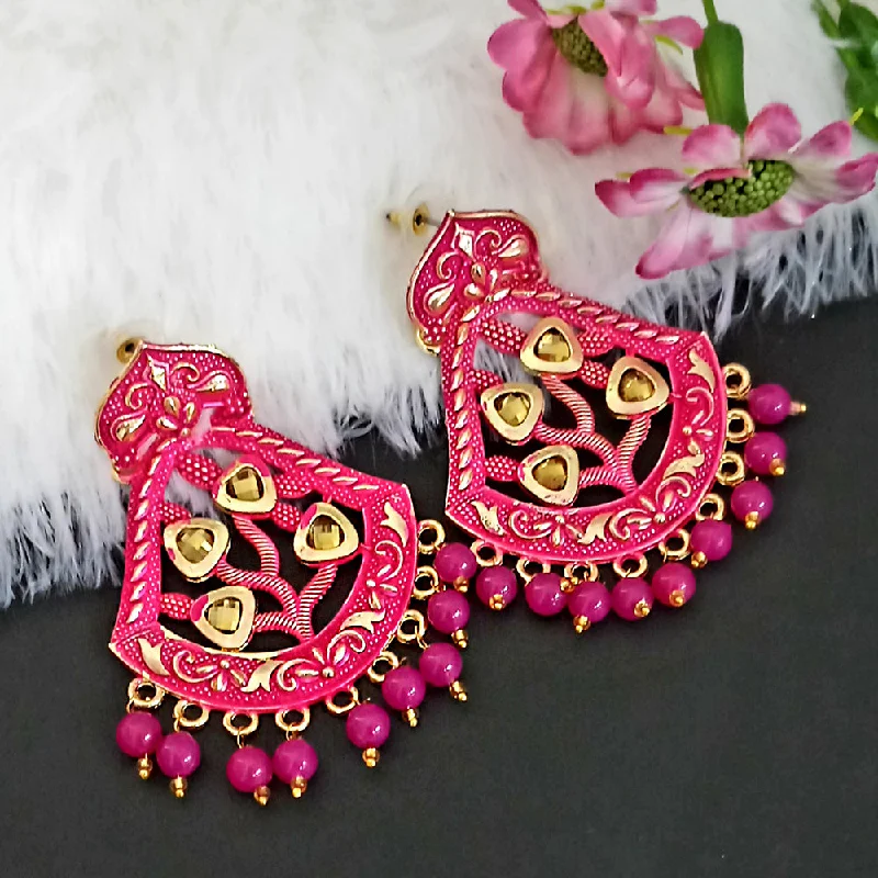 Chic Crystal Earrings-Woma Matte Pink Meenakari Dangler Beads Drop Earrings