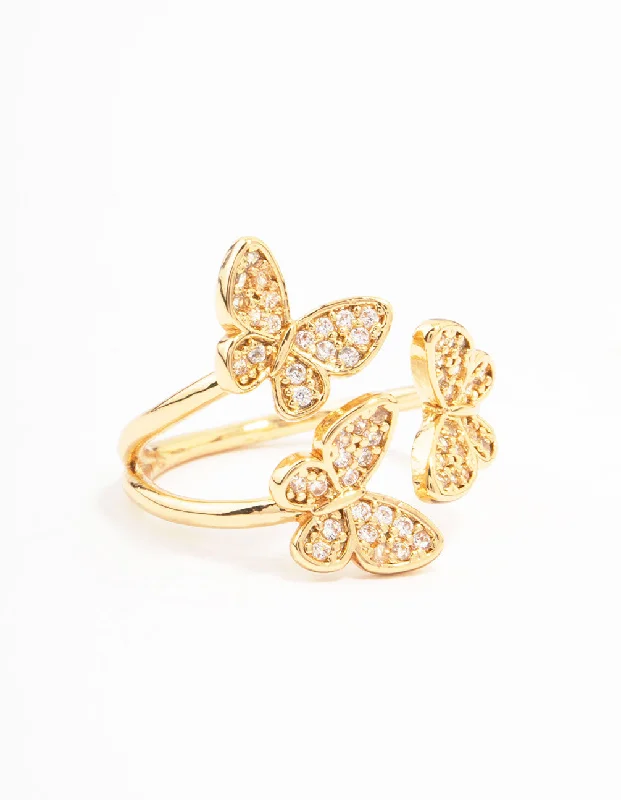 Custom Wedding Rings with Names-Gold Plated Cubic Zirconia Butterfly Trio Ring