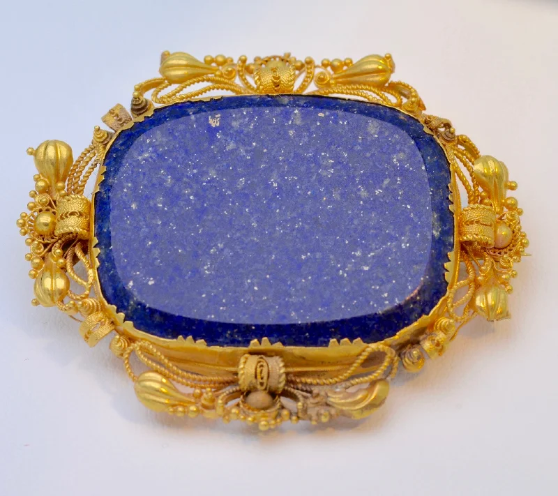 Vintage Brooch with Sapphire Stones-Large Victorian Lapis Lazuli Brooch with Woven Hair