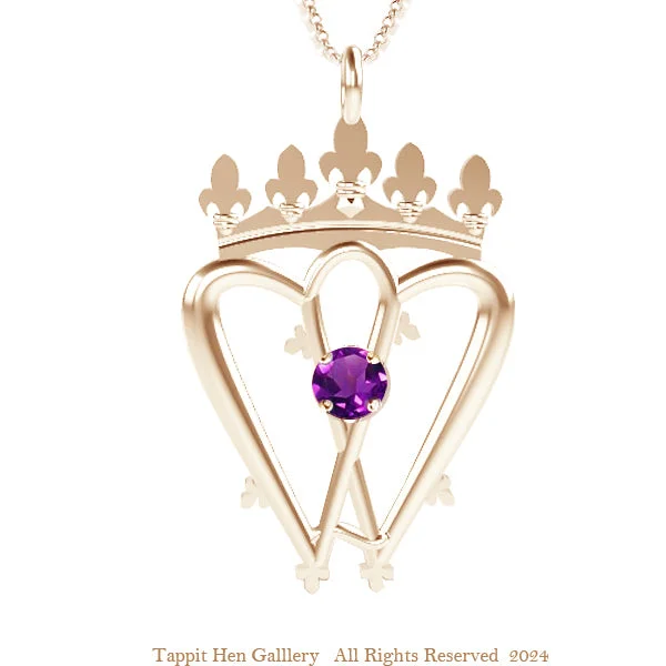 Heart Pendant Necklaces-Scottish Highland Traditional Luckenbooth Necklace in Yellow Gold with Amethyst