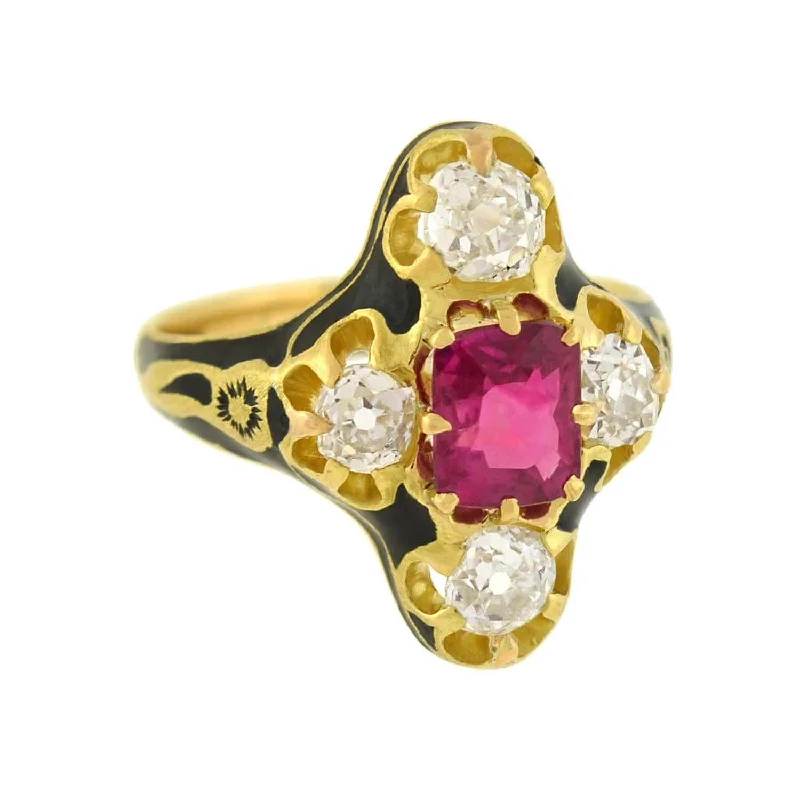 Bohemian Style Rings-Victorian 18kt Natural No Heat Burma Ruby + Diamond Enamel Ring