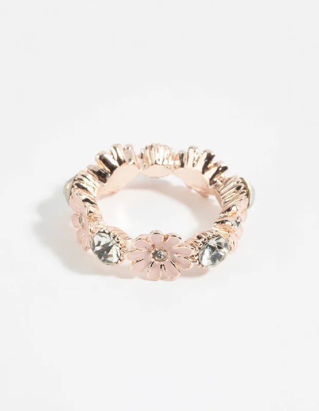 Unique Gold Engagement Rings-Rose Gold Flower & Diamante Ring