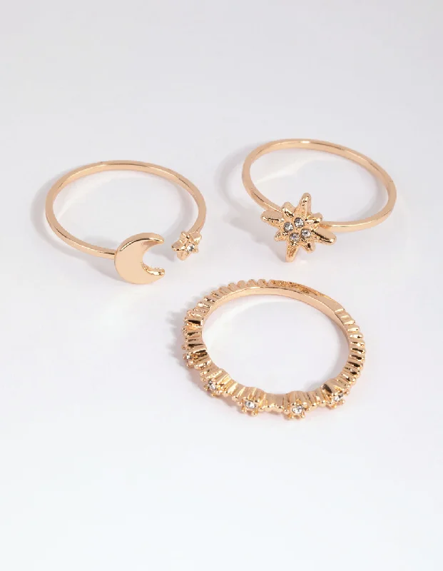 Wedding Rings with Diamonds-Gold Celestial Star Ring Stack