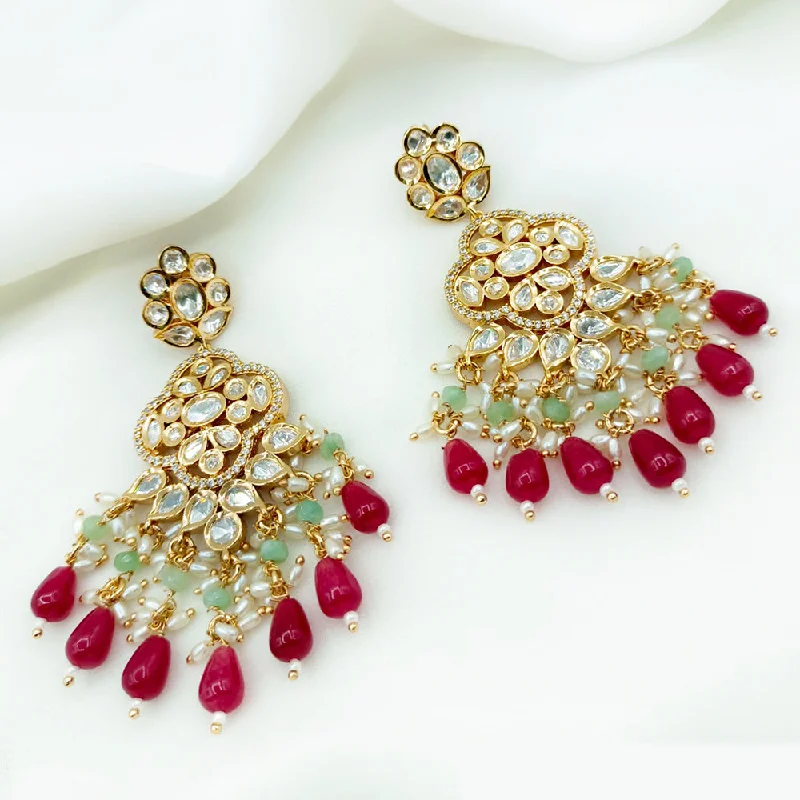 Designer Crystal Earrings-Royal Kundan Jewellery Gold Plated Polki Kundan And Pearls Dangler Earrings