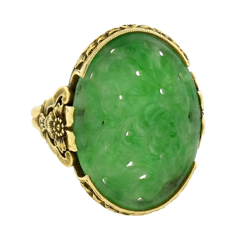 Simple Wedding Rings-Art Deco 18kt Hand Carved Natural Jadeite Floral Ring