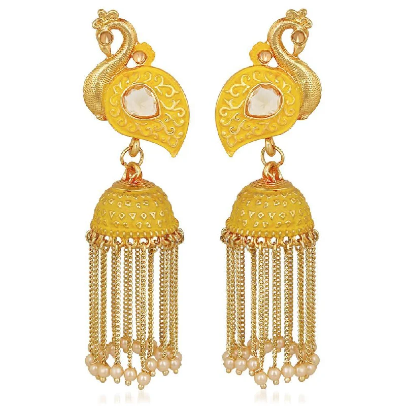 Retro Style Earrings-Mahi Yellow Meenakari work Peacock Shaped Tassel Chain Jhumki Earrings with Artificial Pearl for Women (ER1109744GYel)