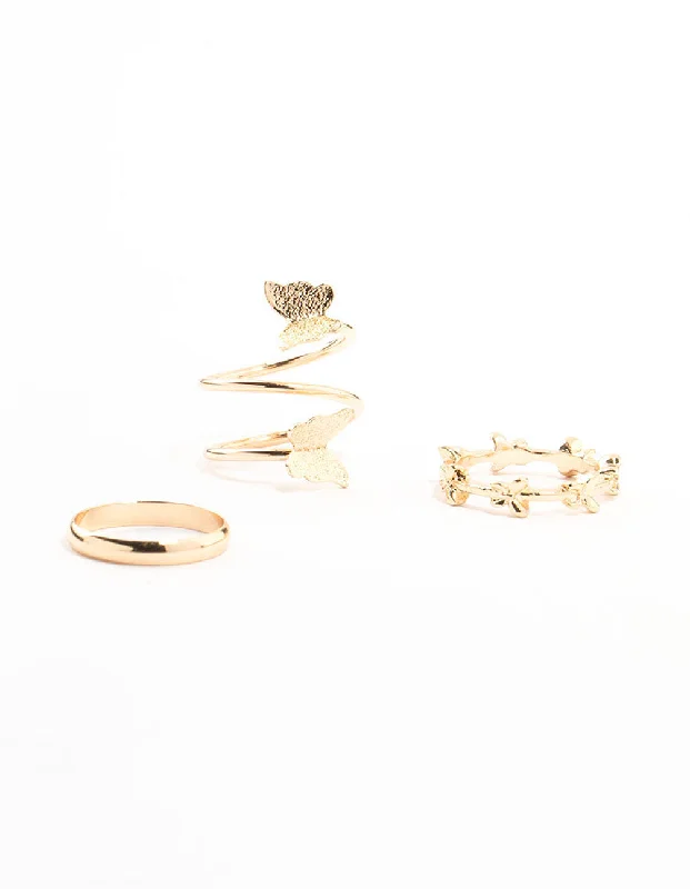 Simple Wedding Rings-Gold Wrapped & Butterfly Rings 3-Pack