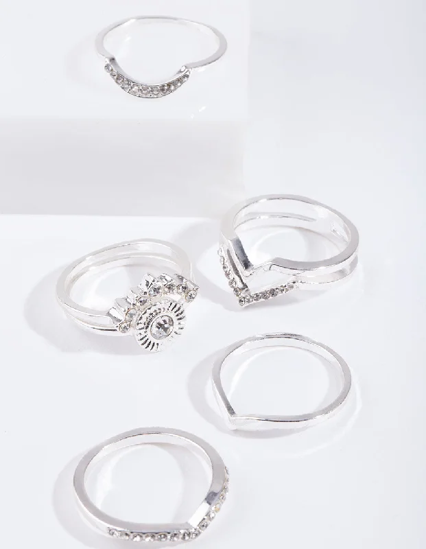 Chunky Silver Rings-Silver Diamante Point Ring 7-Pack