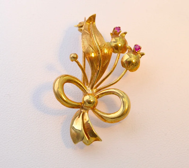 Custom Brooch with Decorative Stones-18K Yellow Gold Brooch with Rubies