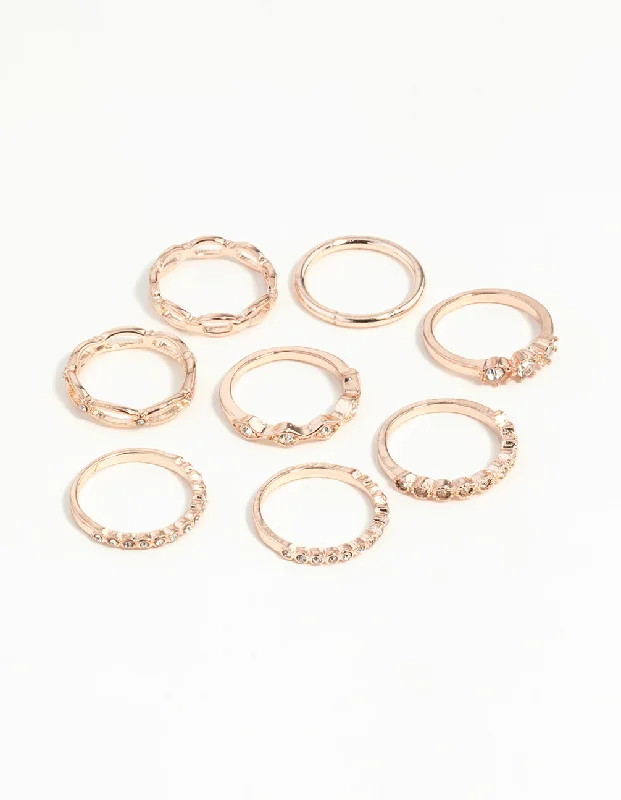 Men's Vintage Wedding Bands-Rose Gold Diamante Row Mix Ring 8-Pack