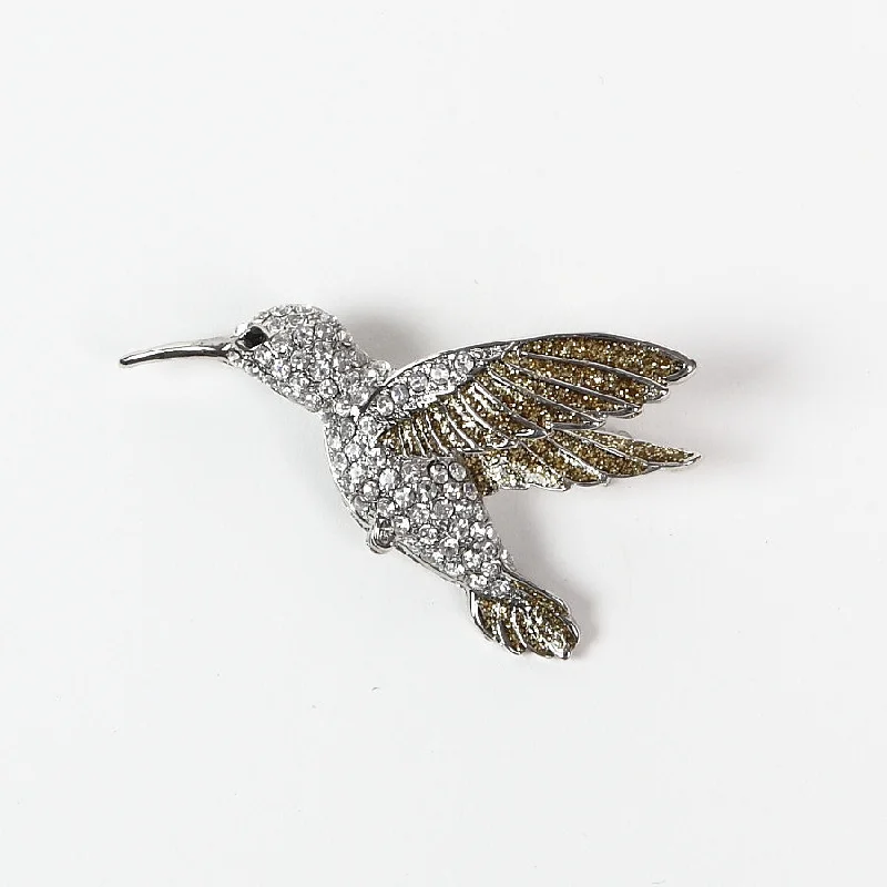 Gold-Plated Flower Brooch-Beautiful Sparkly Diamante Humming Bird Brooch