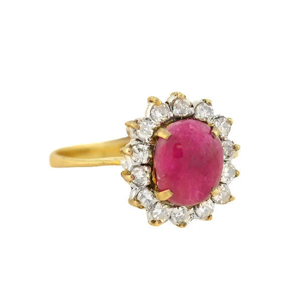 Personalized Vintage Rings-Late Art Deco 14kt 1ctw Ruby Cabochon Diamond Cluster Ring