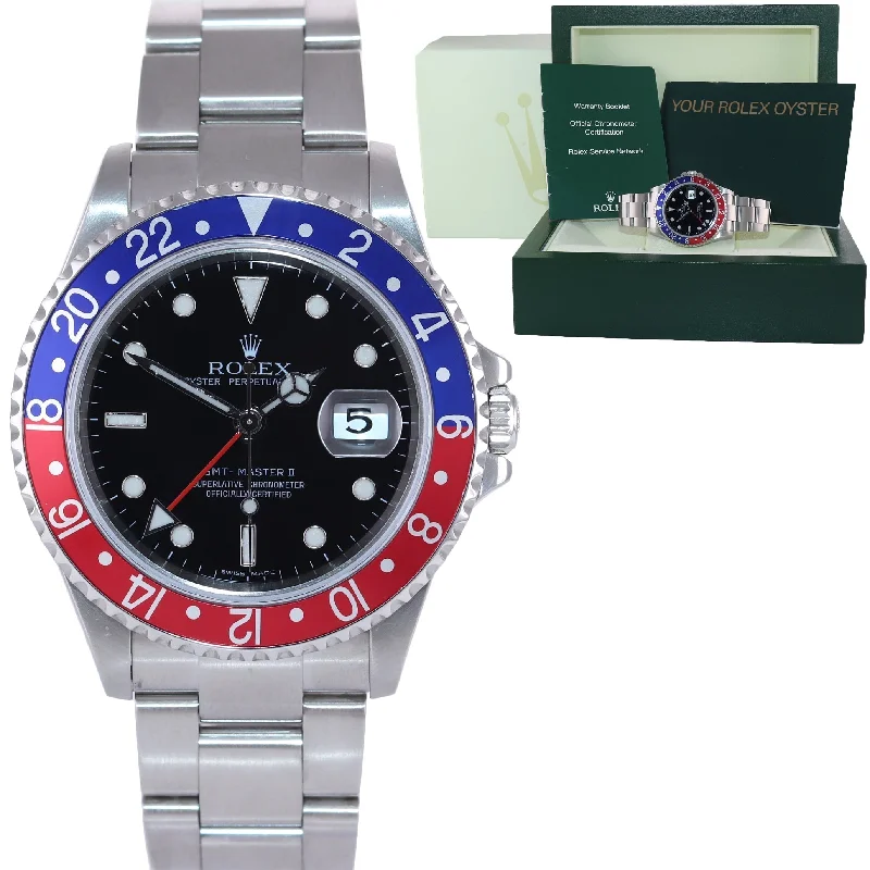 Women’s Rose Gold Watches-2005 Rolex GMT-Master 2 Pepsi 40mm Steel 16710 NO HOLES Black Watch Box