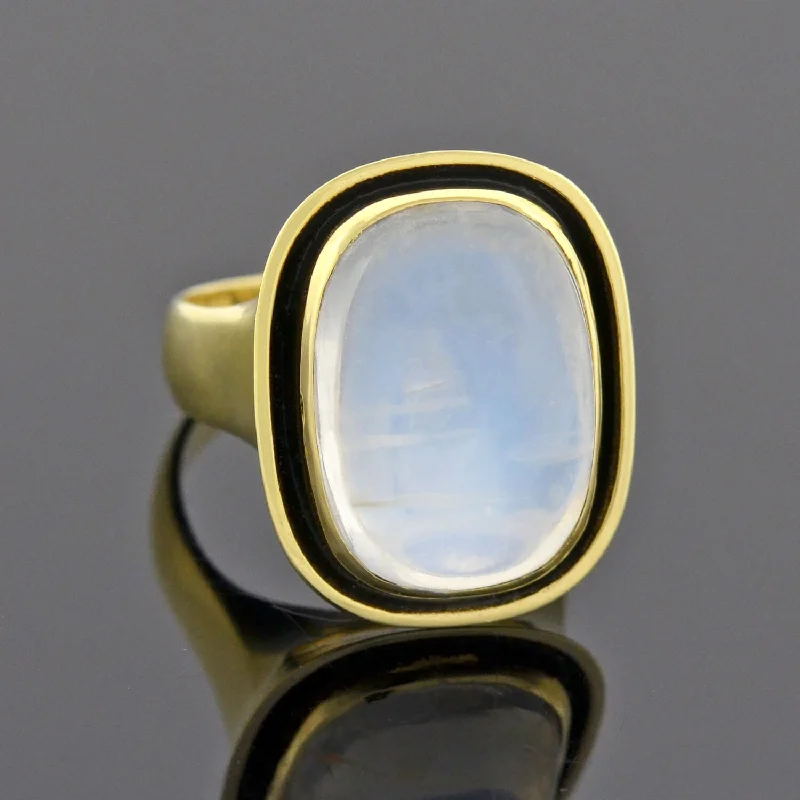 Solitaire Diamond Wedding Rings-Art Nouveau Style 18kt Enameled Moonstone Ring