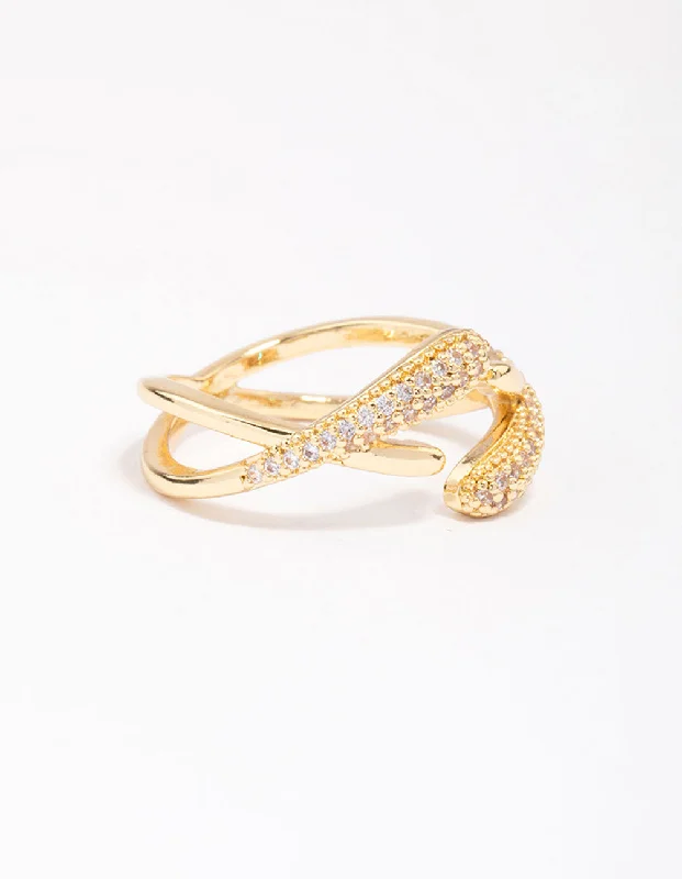 Vintage Gemstone Rings-Gold Plated Pave Interlaced Ring