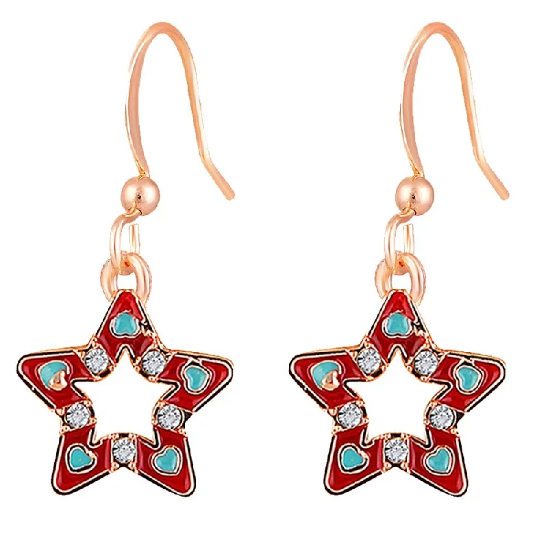 Sparkly Drop Earrings-Mahi Rose Gold Plated Red Meenakari Work and Crystals Star Earrings for Women (ER1109846ZRed)