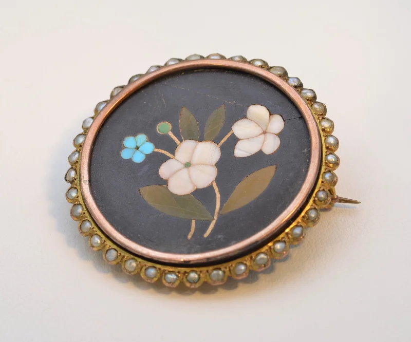 Custom Floral Brooch with Colorful Stones-Victorian Pietra Dura Brooch