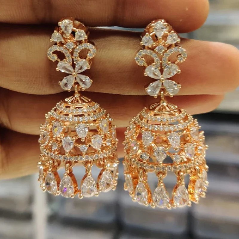 Pearl Drop Earrings-Kavita Art Rose Gold Plated American Diamond Jhumki Earrings