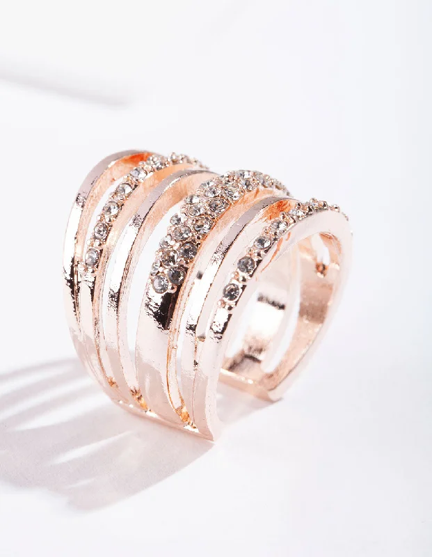 Titanium Wedding Rings-Rose Gold Six Layer Diamante Band Ring