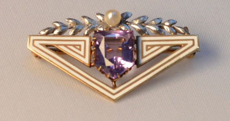 Custom Brooch with Unique Design-14K yellow gold brooch with white gold floral trim on top and Amethyst, with white enamel trims