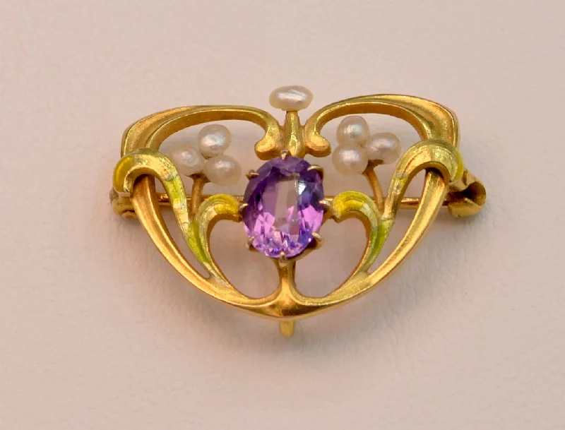 Simple Brooch with Sapphire Stones-14K Art Nouveau Multi-Color Enamel with Amethyst Brooch