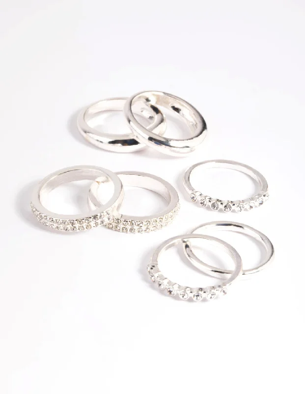 Designer Gold Rings-Silver Diamante Ring Stack Pack