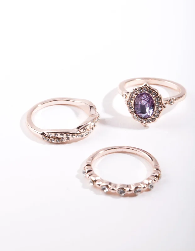 Designer Silver Rings-Rose Gold Purple Stone Ring Stack