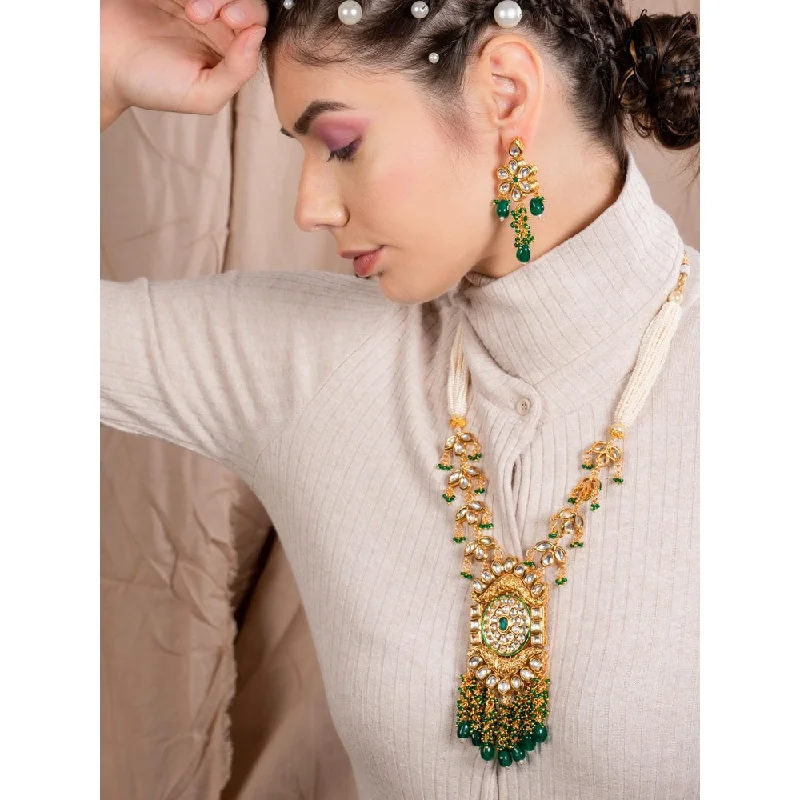 Personalized Nameplate Necklaces-Odette Green Nostalgic Mani-Pearl-Kundan Necklace Set