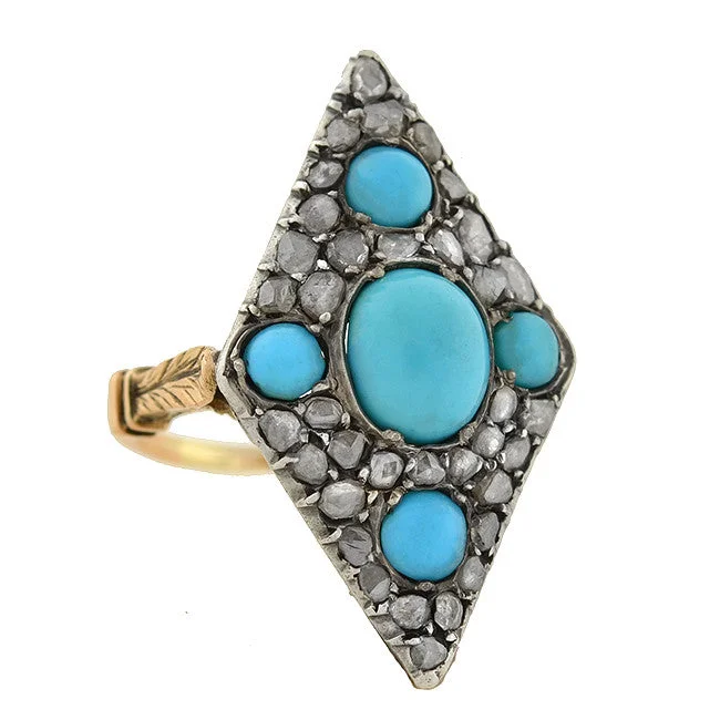 Customized Gold Rings-Victorian 18kt & Sterling Turquoise & Rose Cut Diamond Ring