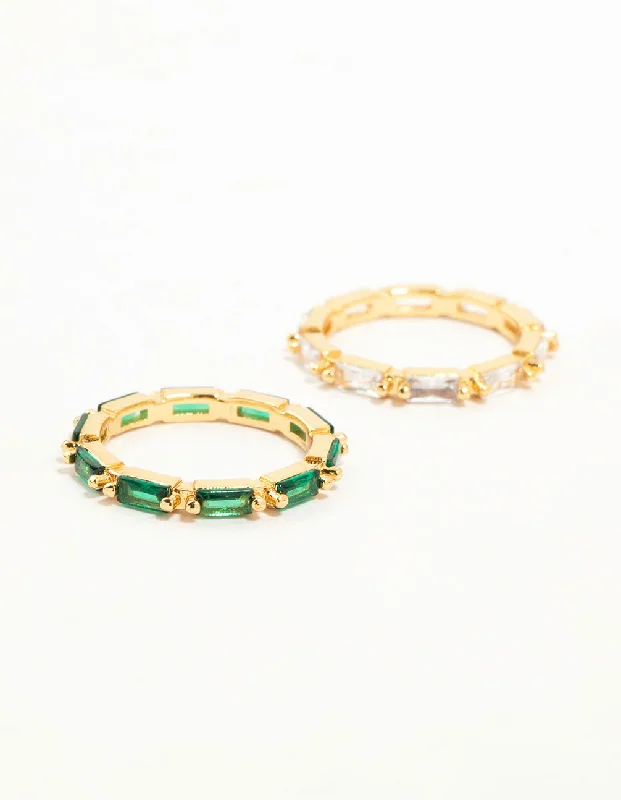 Unique Gemstone Rings-Gold Plated Green & Silver Baguette Stacking Rings 2-Pack