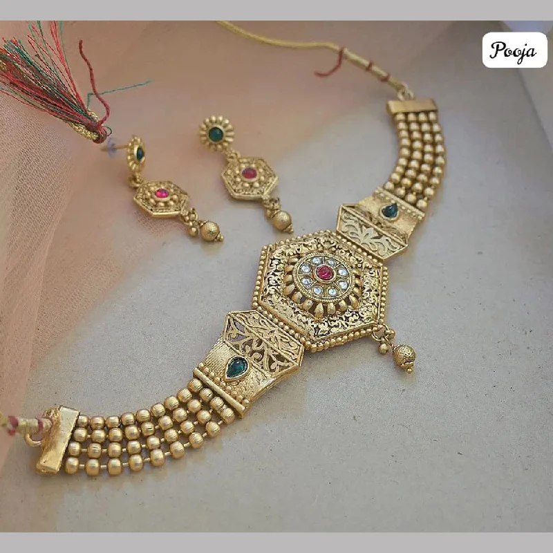 Trendy Silver Necklaces-Pooja Bangles Gold Plated Pota Stone Necklace Set