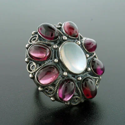 Birthstone Stackable Rings-Early Retro Huge Sterling Moonstone & Garnet Cluster Ring