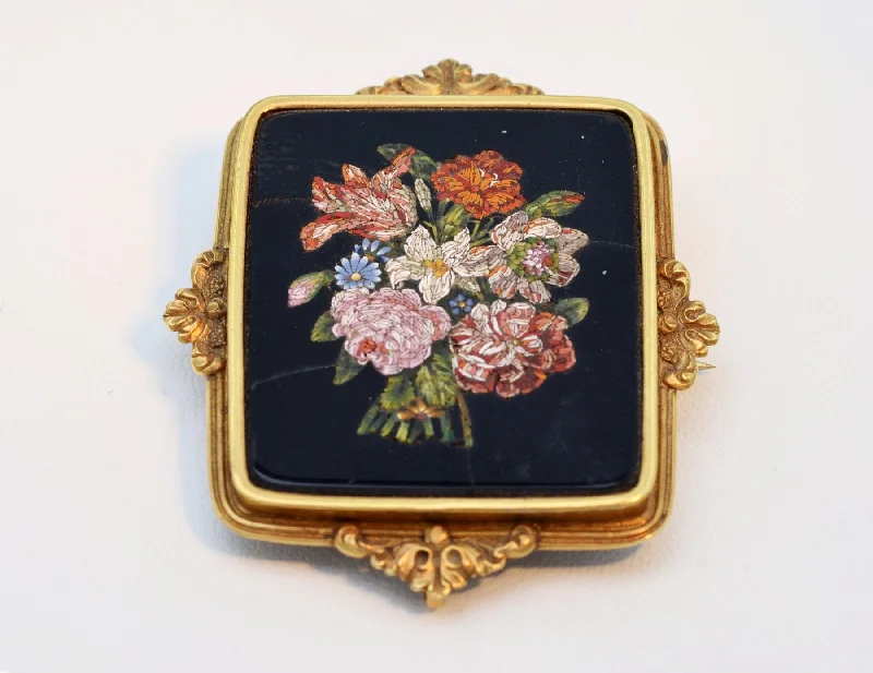 Modern Crystal Brooch for Weddings-Pietra Dura Victorian Brooch/Pendant with 15K Gold Frame