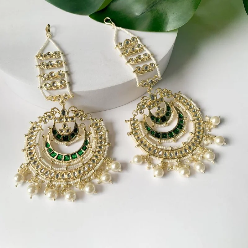 Premium Gold Earrings-Etnico Gold Plated Traditional Kundan Hanging Pearl Earrings Attachable Ear Chain For Women/Girls (Green)