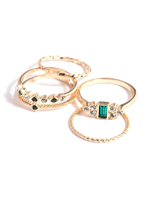 Vintage Wedding Rings with Diamonds-Gold Delicate Diamante Rings 4-Pack