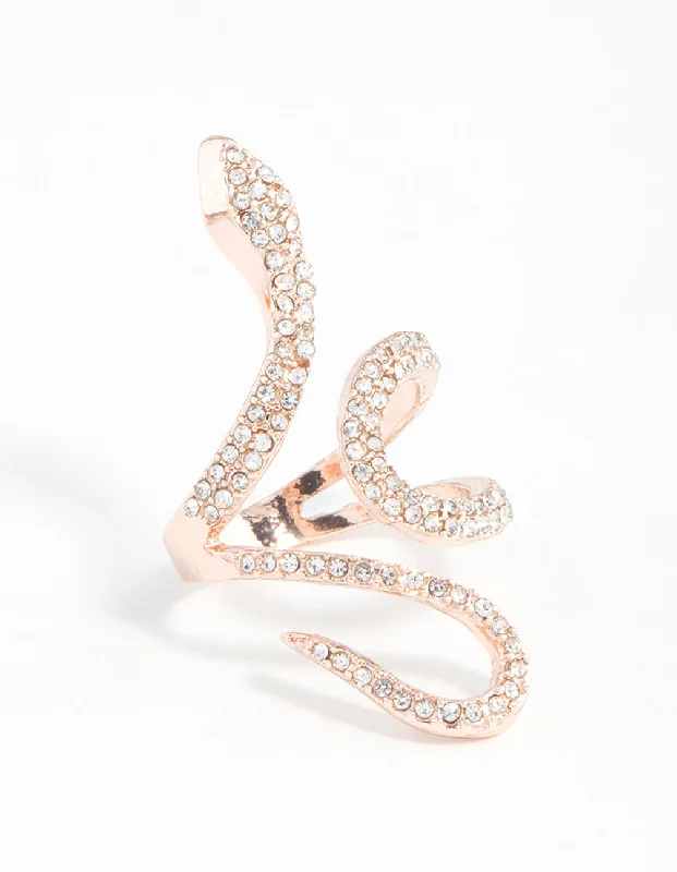 Designer Platinum Rings-Rose Gold Diamante Snake Swirl Ring