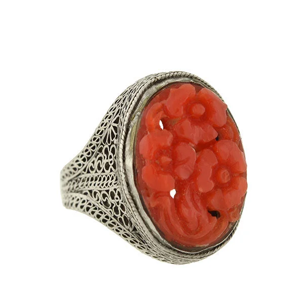 Stylish Gemstone Rings-Art Deco Chinese Silver & Floral Carved Coral Filigree Ring