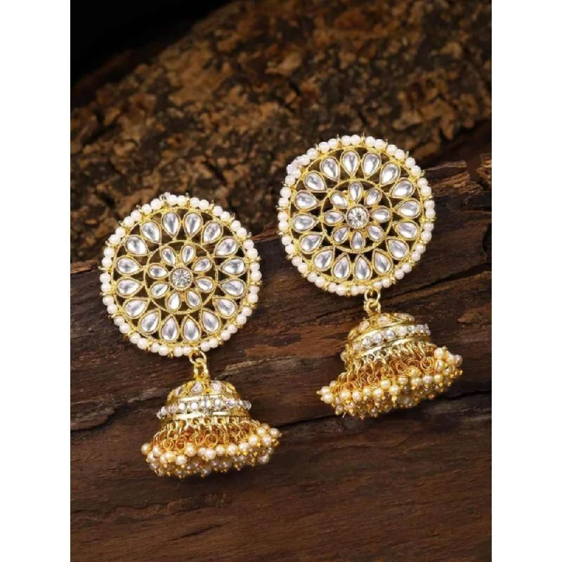 Natural Gemstone Earrings-Etnico Traditional Gold Plated With Stunning Antique Finish Kundan & Pearl Jhumka Earrings for Women/Girls (E3091W)