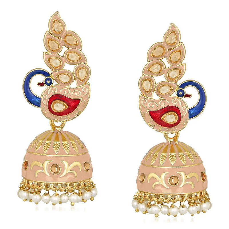 Bohemian Feather Earrings-Mahi Traditional Ethnic Pink Meena Peacock Dangle Jumka Earrings with Pearl For Women (ER1109746GPin)