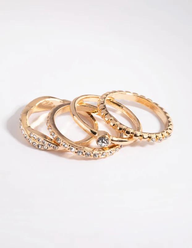 Large Cocktail Rings-Gold Diamante Ring Stack Pack